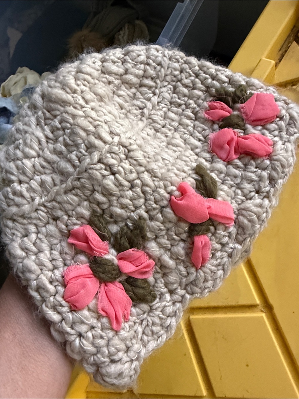 Anthropologie Crochet Beanie with Coral Floral Accents